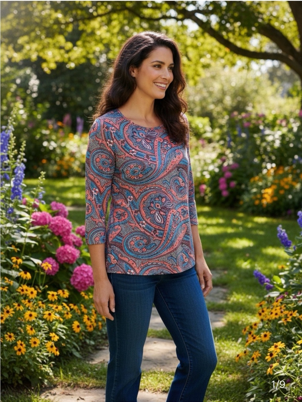 J. McLaughlin Coral and Blue Paisley Long Sleeve Tee Catalina Cloth Size XS